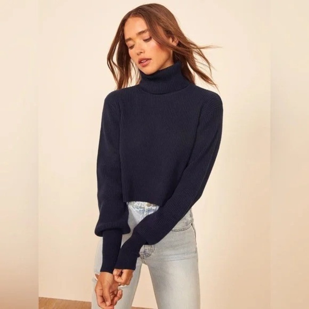 Reformation‎ Luisa Cropped Ribbed Turtleneck Cashmere Pullover Sweater Blue XS
